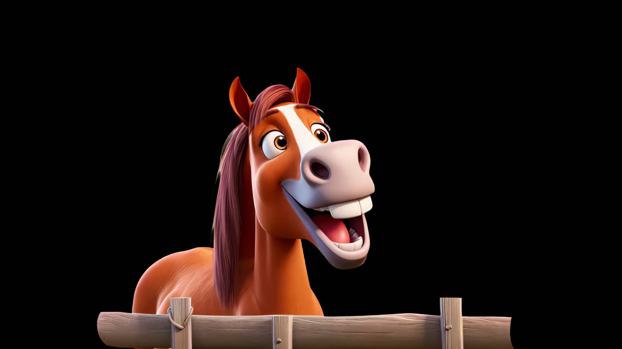 Animated joyful horse character animated overlay, transparent 4K video, alpha channel, ProRes 4444