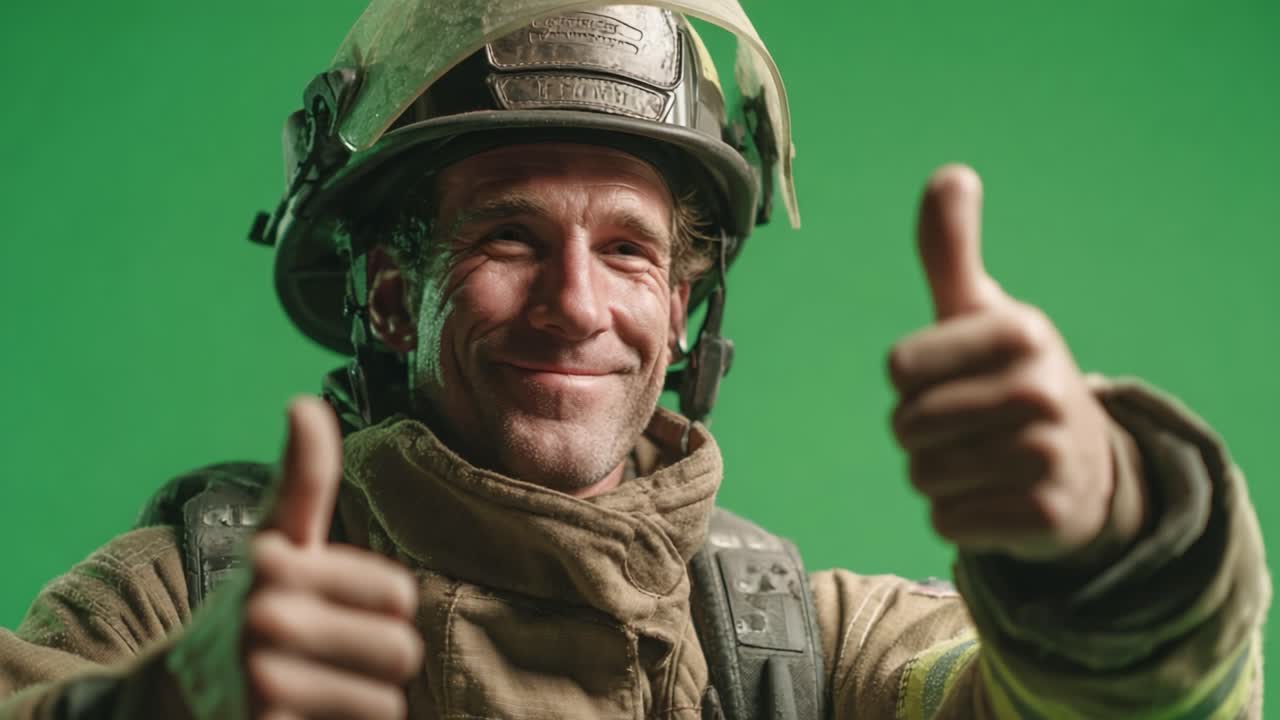 Cheerful Firefighter Celebrating with Thumbs-Up Gesture in Front of Green Screen, Showcasing Pride and Dedication in His Courageous Profession