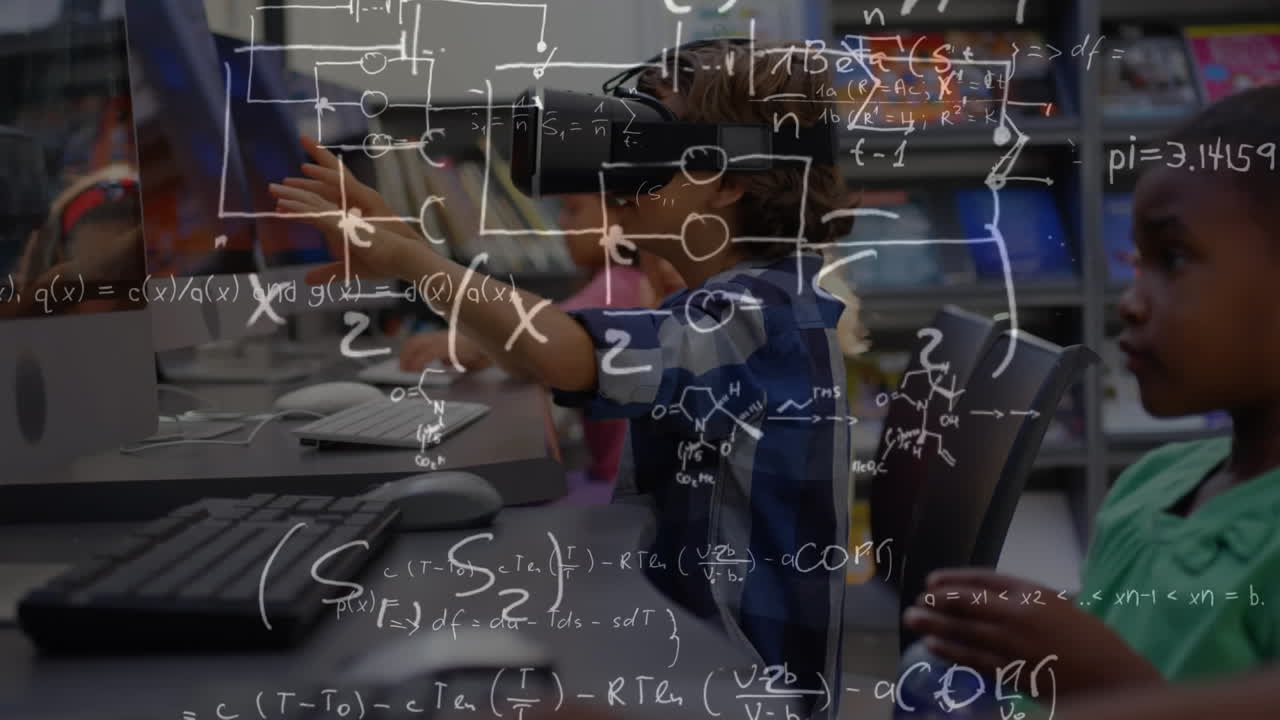 animación de ecuaciones sobre escolar que usa auriculares vr