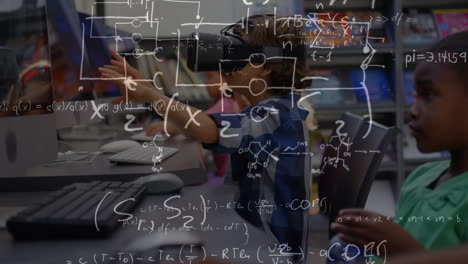 Animation of over equations over schoolboy wearing vr headset