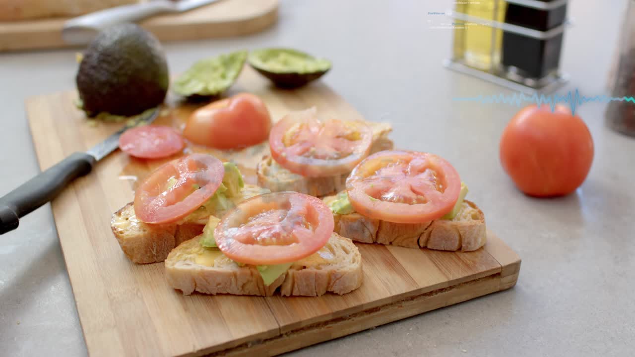 Male hand aligning avocado, placing tomato slices on board, HUD appearing and analyzing food layout