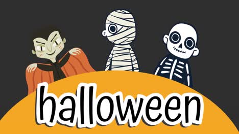 Animation-of-halloween-text-over-monsters-on-on-grey