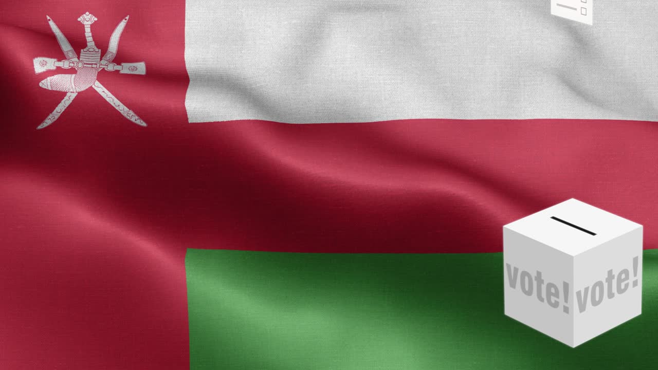 오만 선거를 위한 투표용지 - 발 앞에 있는 투표용장 - 선거 - 투표 - 오만 국기 - 오만 발 높은 세부 사항 - 국가 발 오만 파동 패턴 루프 가능한 요소 - 직물 질감과 끝없는 루프