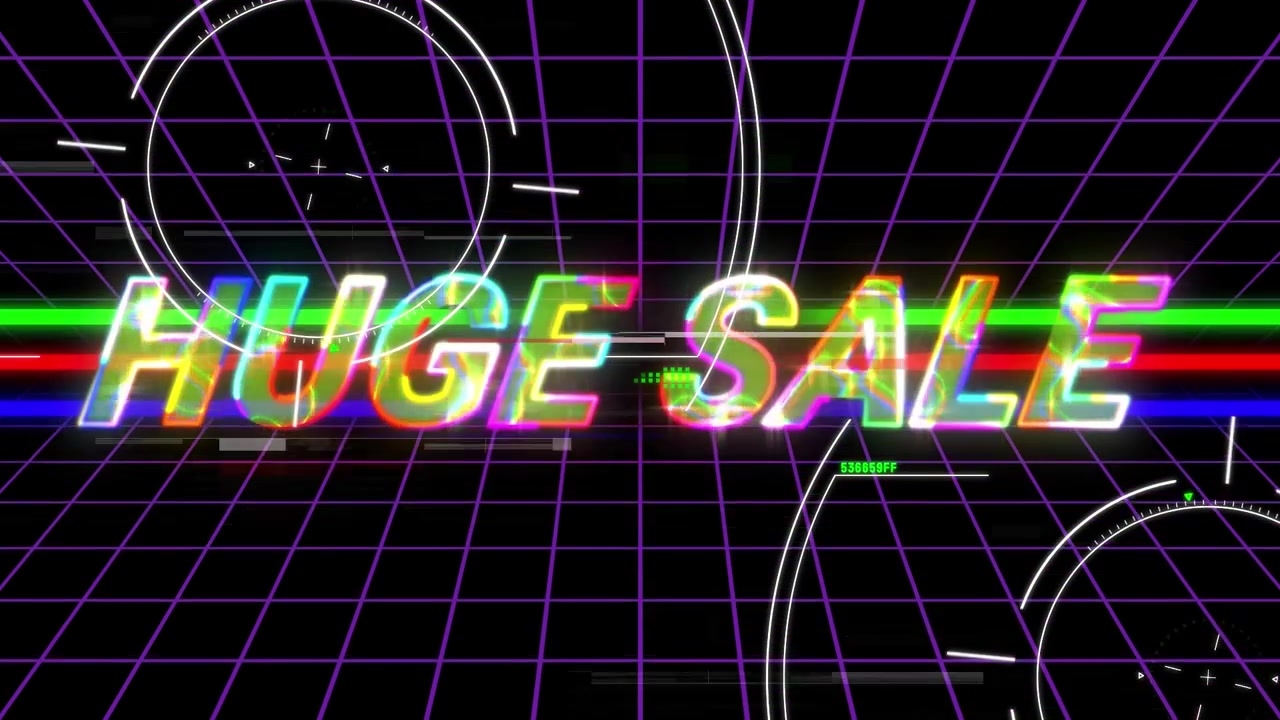 Animazione di testo 'Grandi Saldi' in stile retro synthwave con griglia digitale