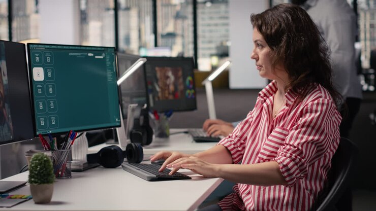Konzentrierte Redakteurin arbeitet am Computer im modernen Büro.