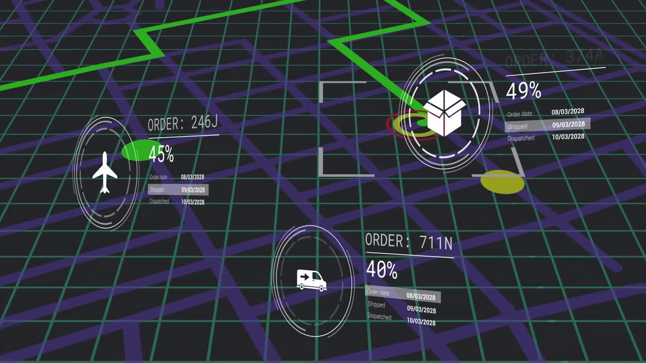 animación de iconos con procesamiento de datos sobre el mapa de la ciudad
