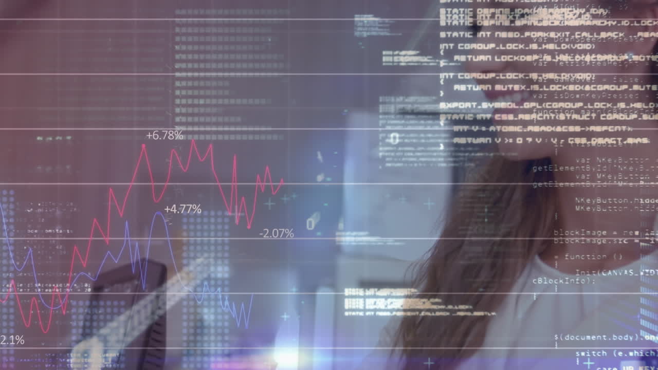 animación del procesamiento de datos y estadísticas sobre la mujer caucásica que paga con una tarjeta de crédito