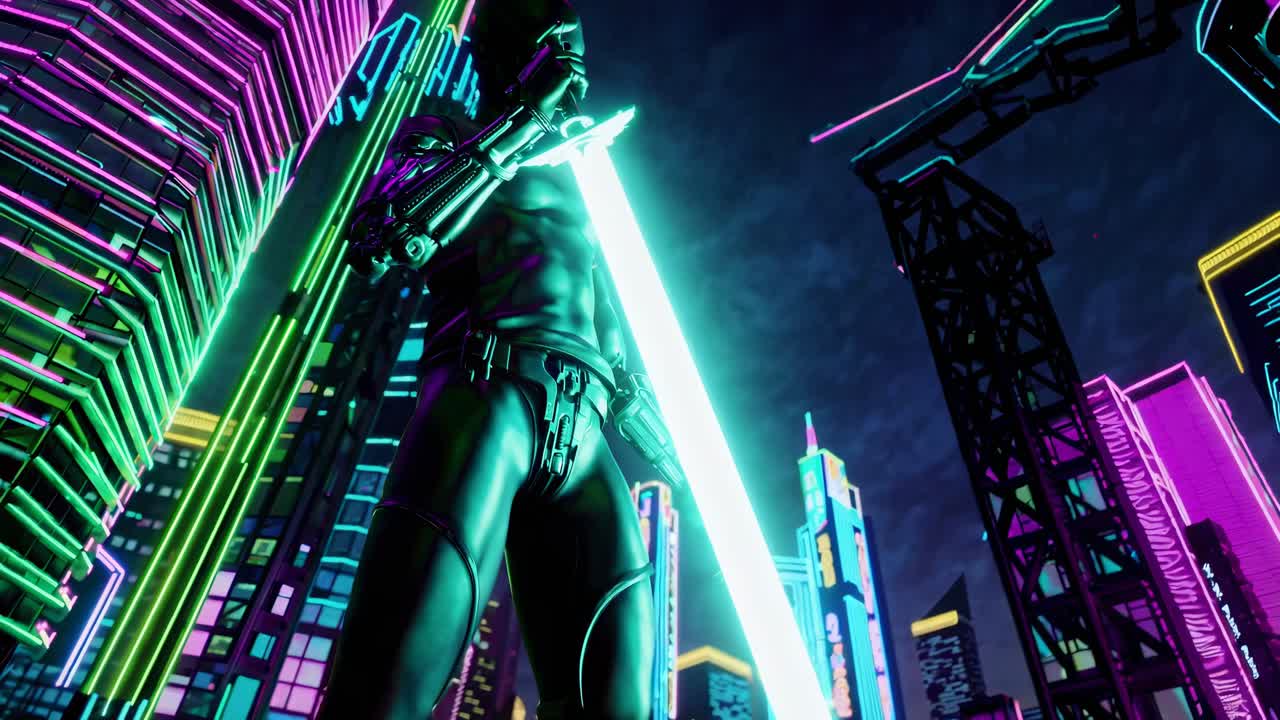 robot cyberpunk con sable de luz en la ciudad de neón