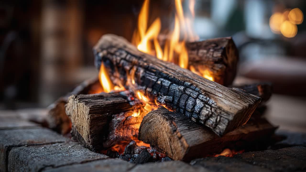 Captivating Flames Dance Above an Impressive Stack of Charred Logs, Creating a Warm Glow and Cozy Atmosphere Perfect for Relaxation and Reflection