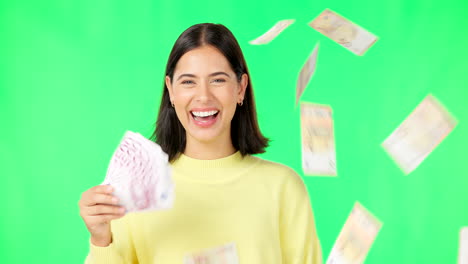 Happy-woman,-money-rain-and-green-screen