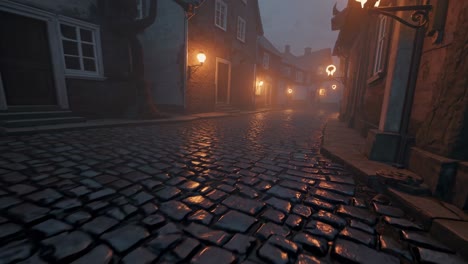 warm streetlights glowing softly through dense fog, illuminating historic cobblestone alley in quiet european village during tranquil nighttime hours, creating mysterious atmospheric scene