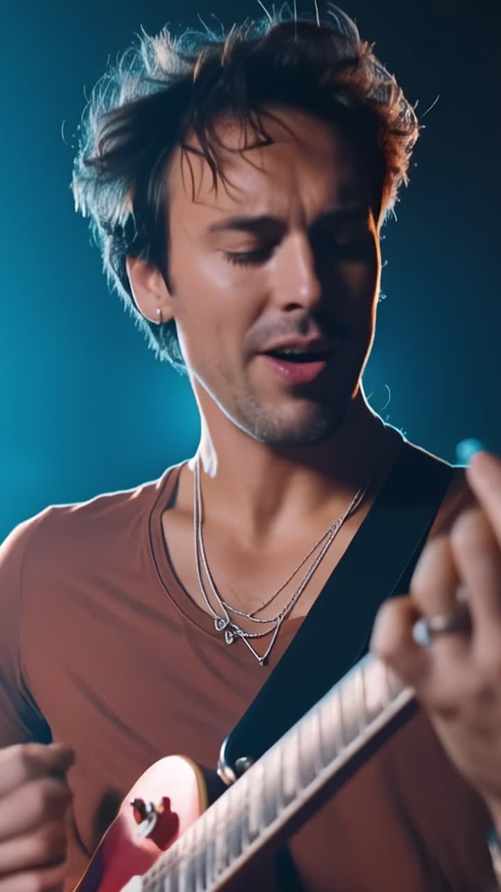 Chitarrista coinvolgente si esibisce con passione sotto luci di scena vibranti, mostrando emozione e talento musicale attraverso tecniche esecutive innovative ed espressione
