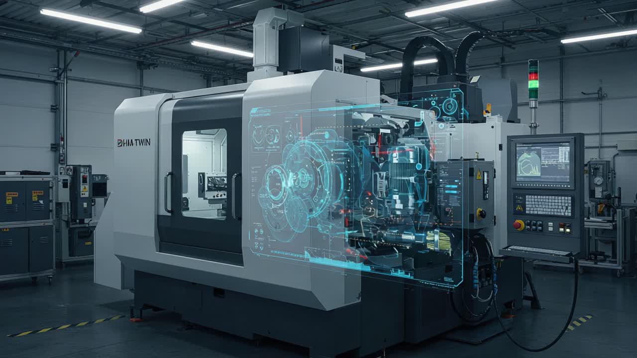 Advanced CNC Machine with Enhanced Technology Features and Digital Interfaces in a Modern Manufacturing Facility