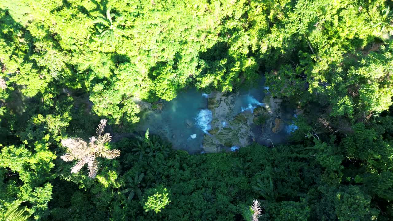 에버그린 캐스케이드의 드론 촬영 열대 우림 나무 위에서 관광 명소 바위 강 멜레-마트 항구 빌라 바누아투 태평양 제도 4k