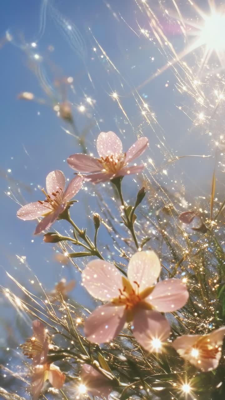 Close-up video of pink flowers with dewdrops, sparkling in sunlight