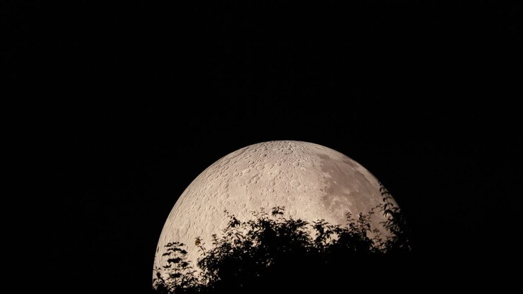 A moon with a detailed view with treetops in the foreground during the night, a Lunalon construction of a large inflatable balloon with a detailed landscape layout on the moon in real form captured