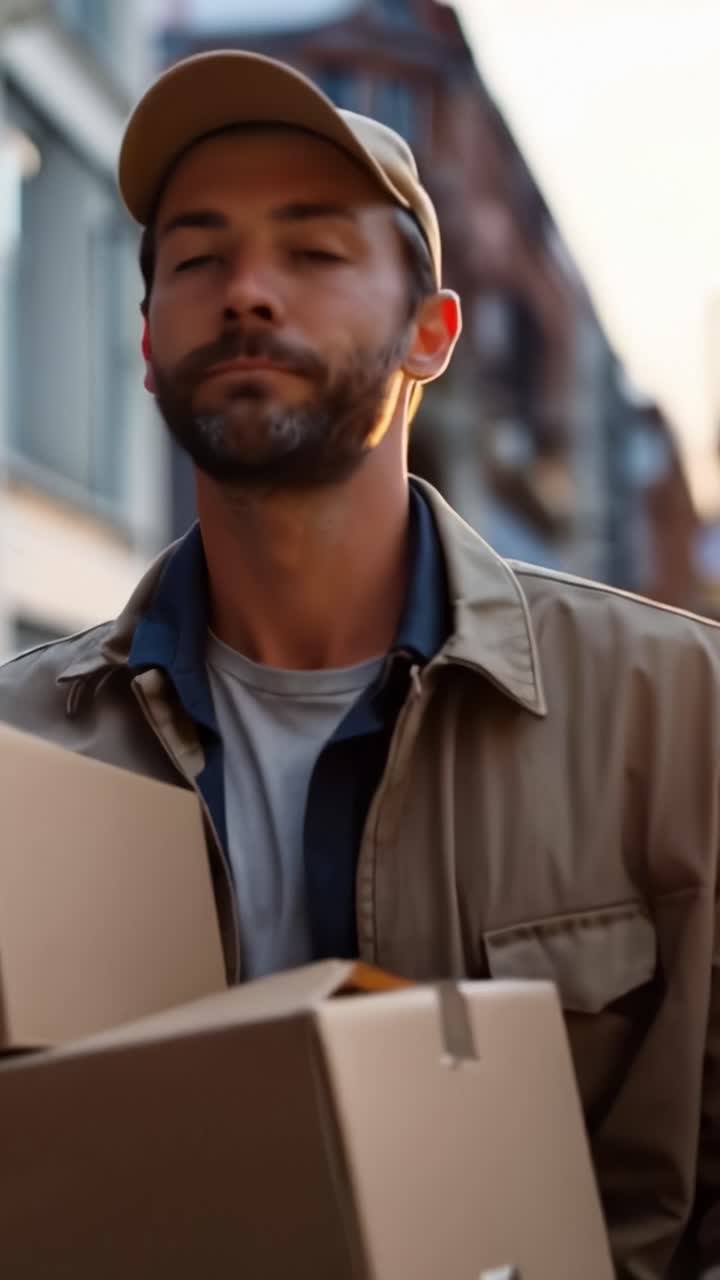 Um Entregador Sorrindo Enquanto Carrega Caixas para um Destino sob a Luz do Sol do Fim da Tarde, Destacando seu Papel na Logística e Comércio.
