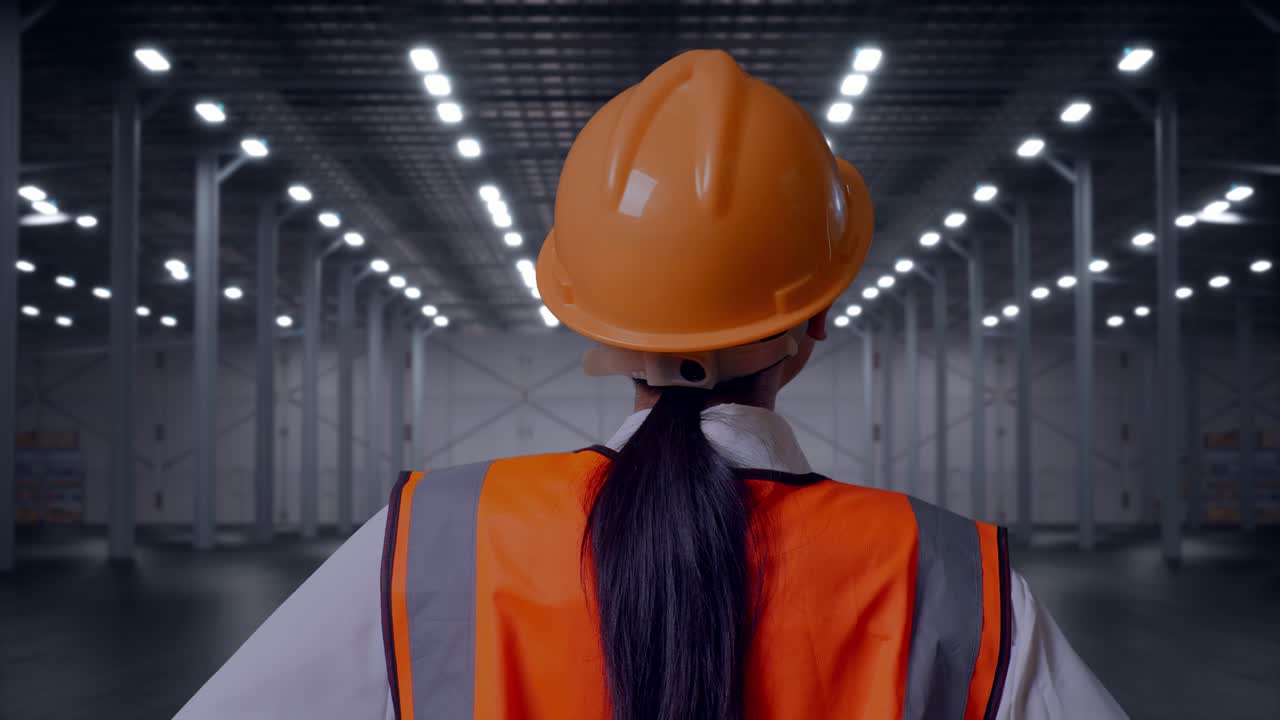 Primo piano, vista da dietro di un'ingegnere donna con casco di sicurezza che si guarda intorno mentre è in piedi con le mani sui fianchi in un moderno magazzino vuoto.