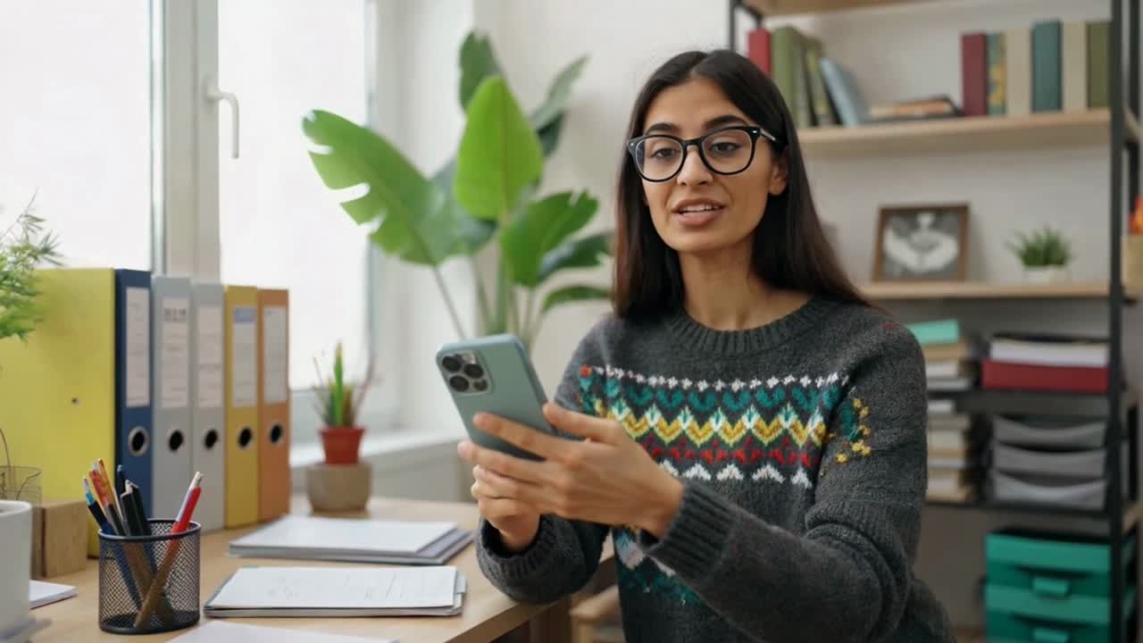 Woman on Video Call with Phone in Office Workspace