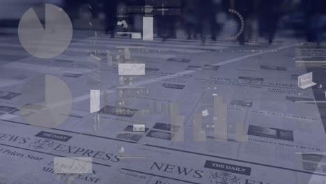 animation of statistical data processing over people walking on street against newspaper printing