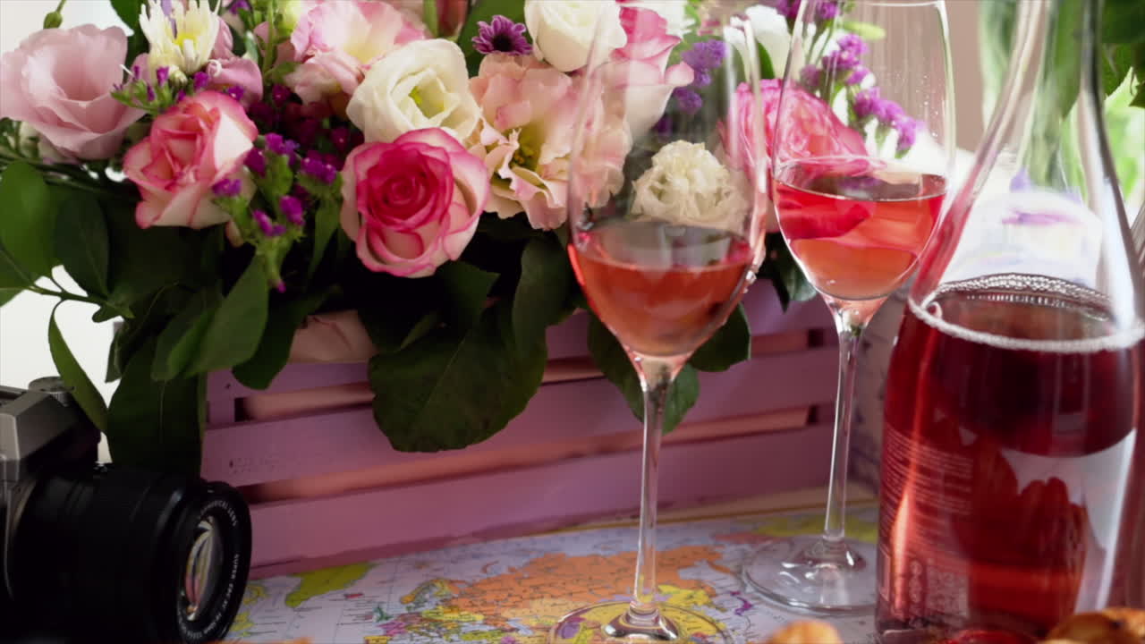 Close up of croissants and glasses of rose on a table with a pink basket of flowers