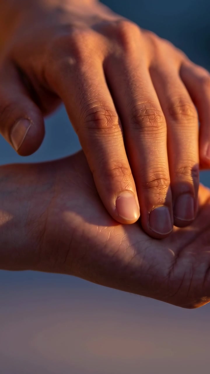Vertical video: Contacting index and middle fingers sliding along palm at close-up, soothing touch