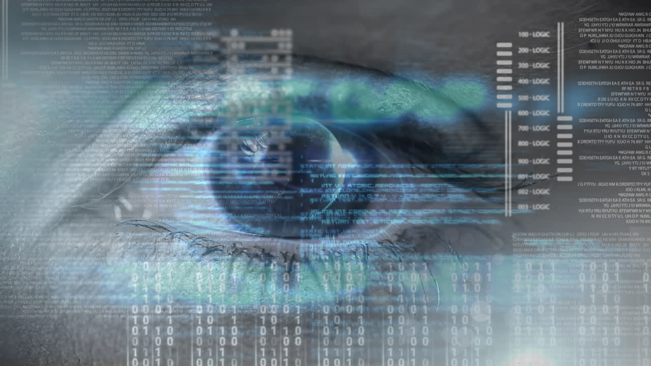animazione dell&#x27;elaborazione dei dati e codifica binaria sull&#x27;occhio blu