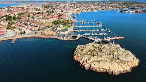 lysekil harbor - slaggo island with moored boats at marina in lysekil, sweden