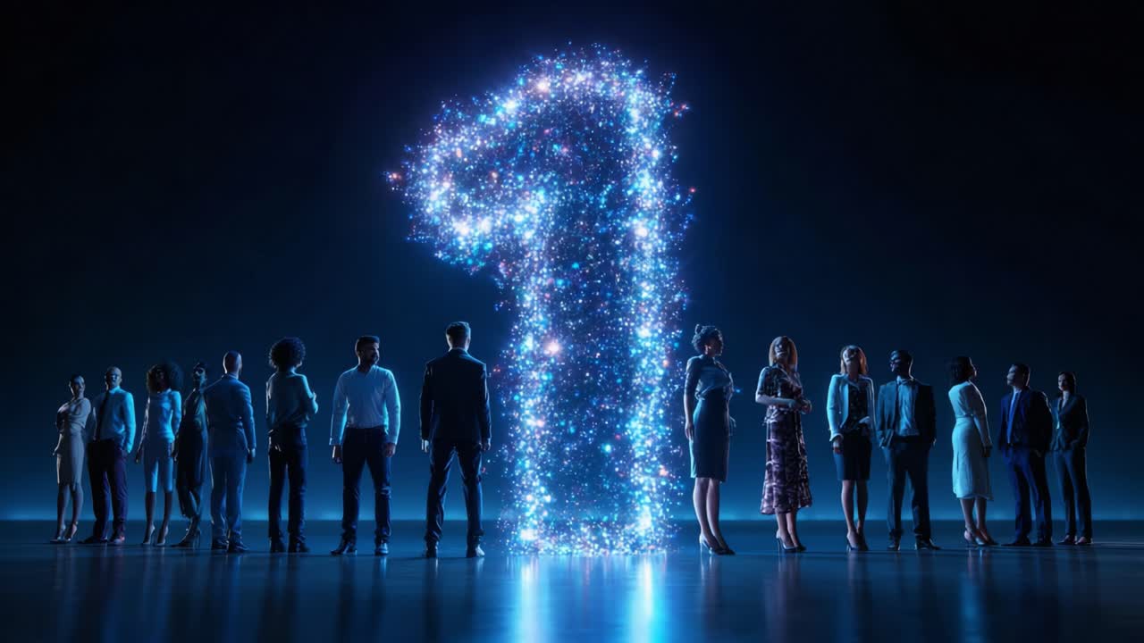 A captivating scene highlighting a glowing, sparkling number one, surrounded by diverse individuals who stand in awe, symbolizing unity, achievement, and the power of collaboration in a dark setting