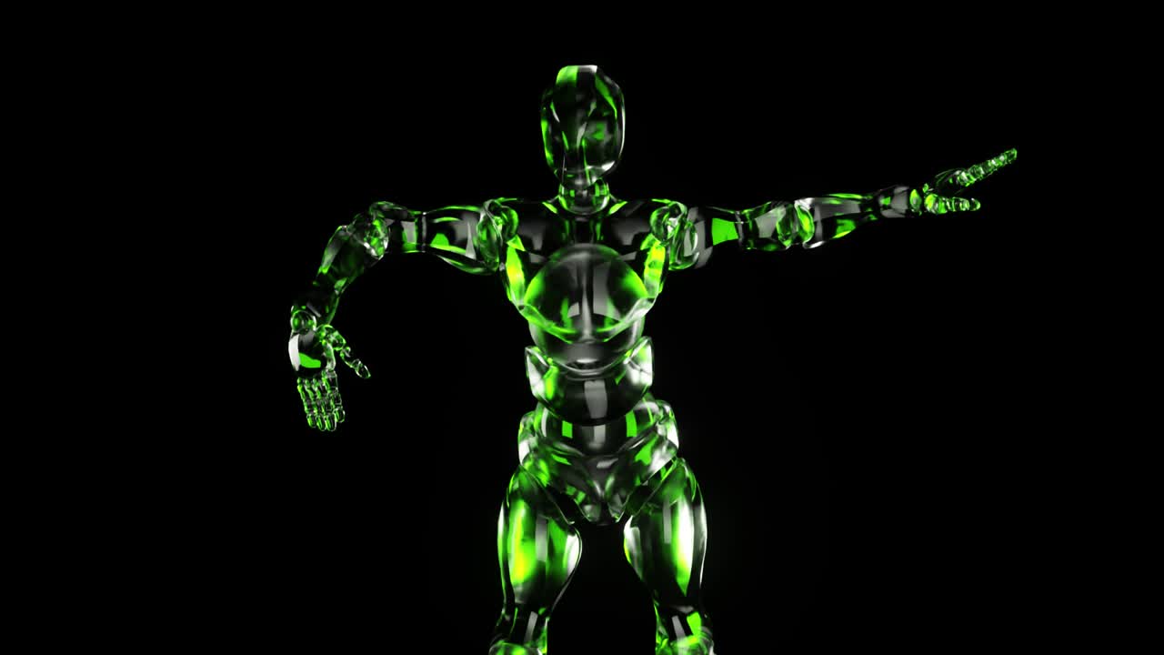 robot de baile hecho de vidrio en un fondo aislado negro. bucle sin costuras 3d render