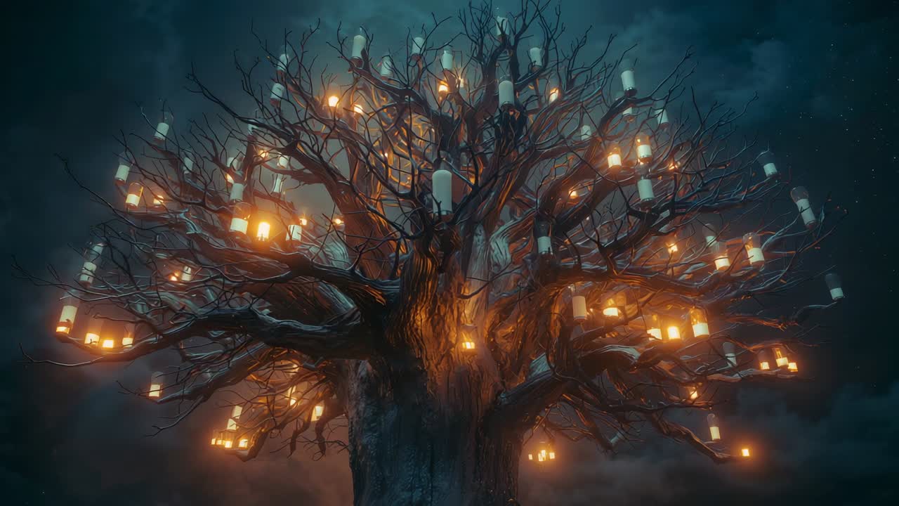 Fotogramma iniziale che mostra un albero spoglio con candele e lanterne tremolanti in una radura nella nebbia