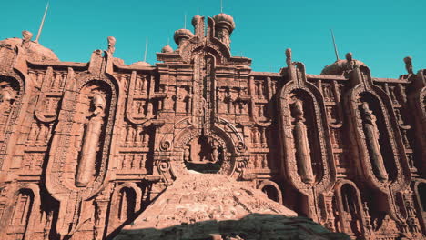 a majestic temple adorned with intricate brickwork against a beautiful sky