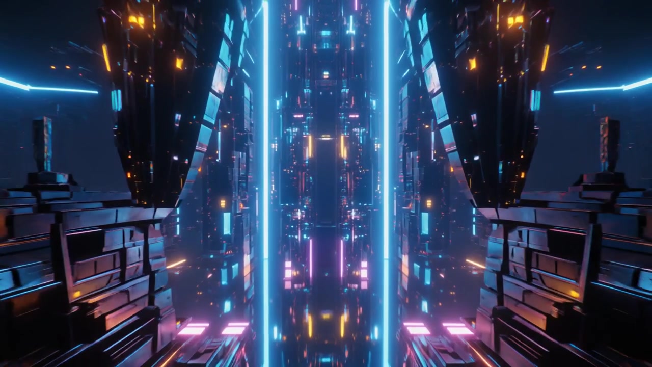 Futuristic Sci-Fi Corridor with Glowing Neon Lights and Digital Structures