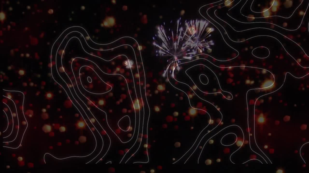 Animation of contour lines and spots of light, over exploding fireworks