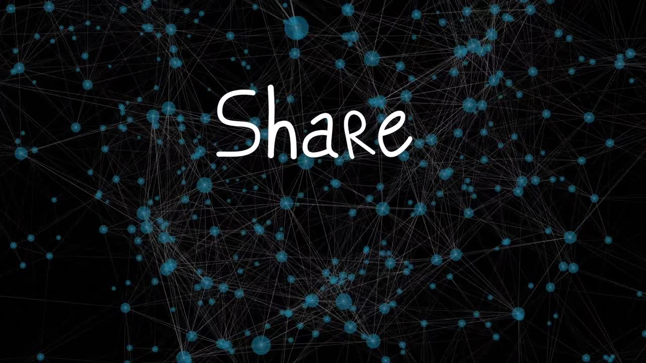Animation of share and arrows over black background with network of connections