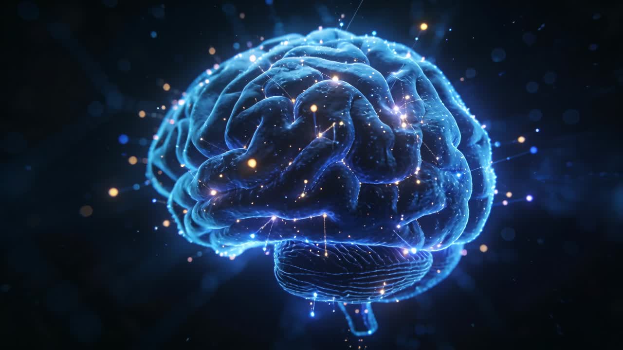 Orbiting camera revealing glowing blue 3D brain model in dark void, showing neural network activity