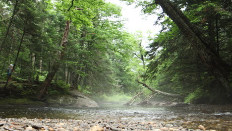 New-Hampshire-wilderness-4k-stationary-shot-of-a-stream-next-to-a-hiking-trail,-two-young-women-hike-down-the-trail-enjoying-the-scenery