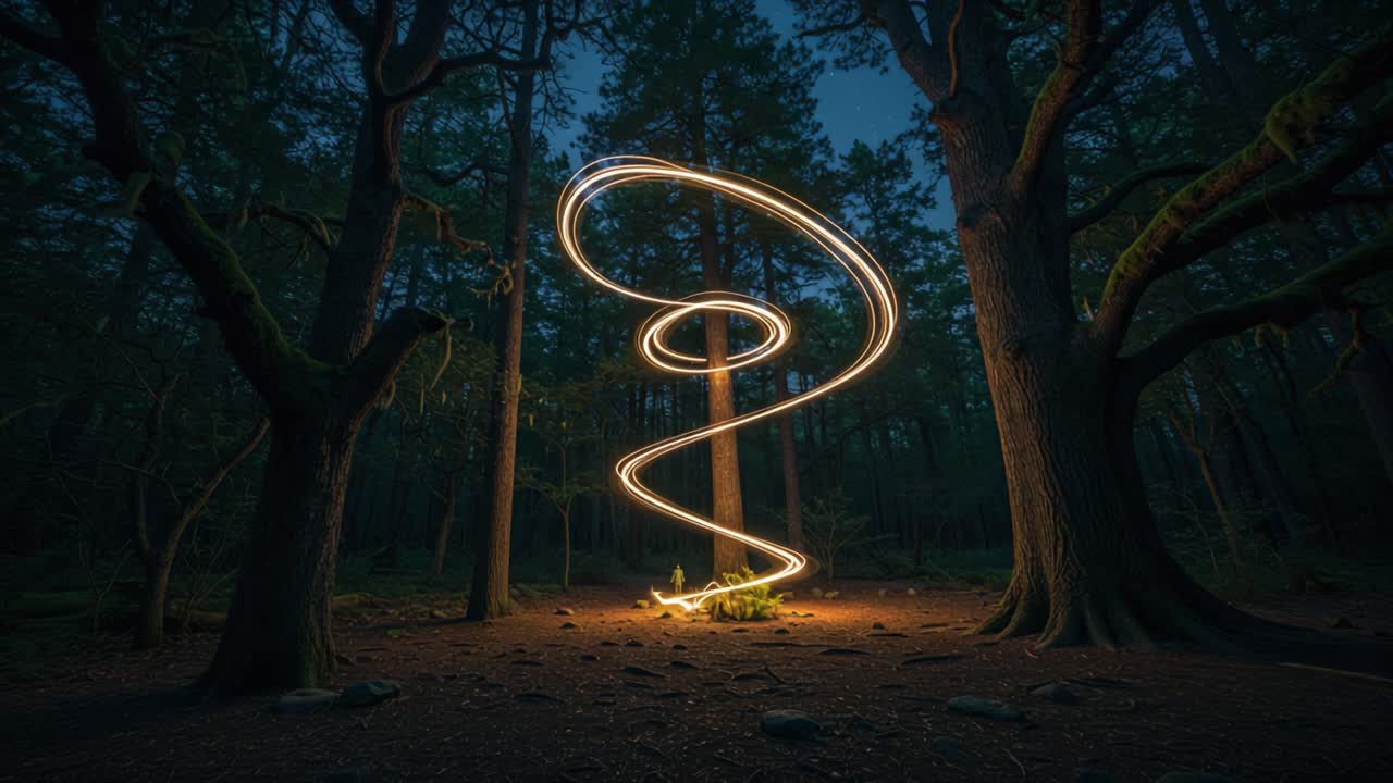 A mesmerizing display of light spiraling amidst the tranquil forest at dusk, creating an enchanting visual effect among ancient trees and soft shadows