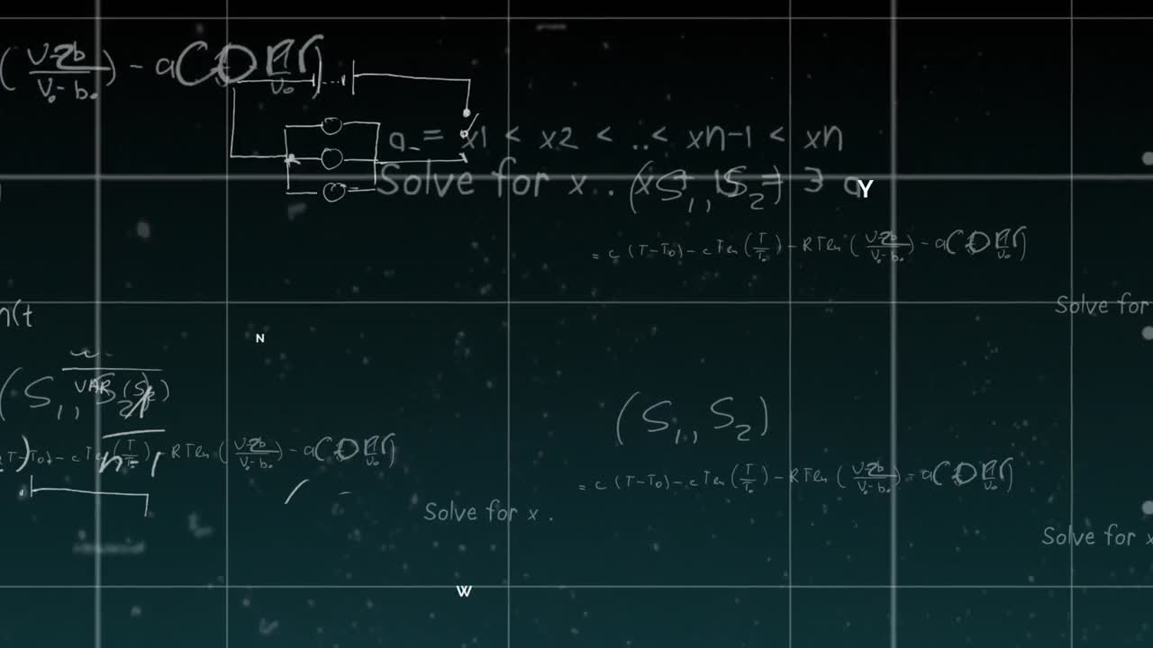 Animation of mathematical formulae moving and flickering on dark background