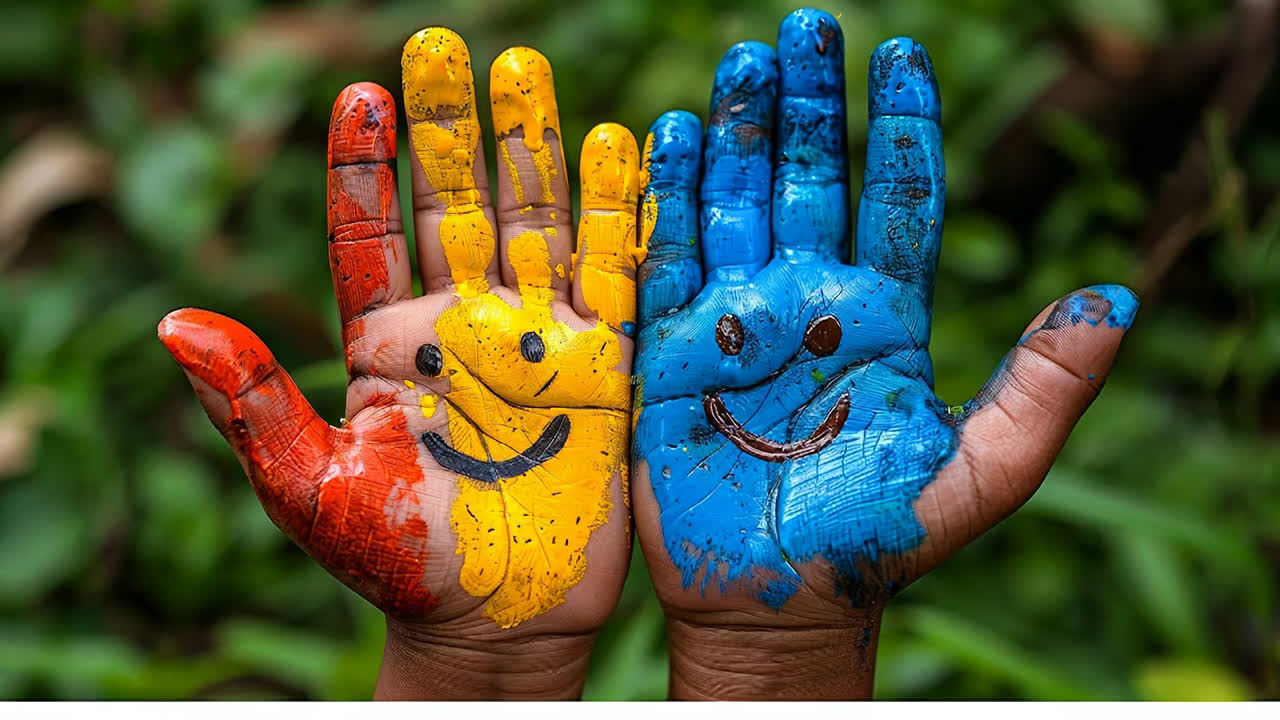 Mani con vernice colorata che mostrano sorrisi. Due mani con vernice brillante mostrano facce felici in blu, giallo e rosso su uno sfondo verde.