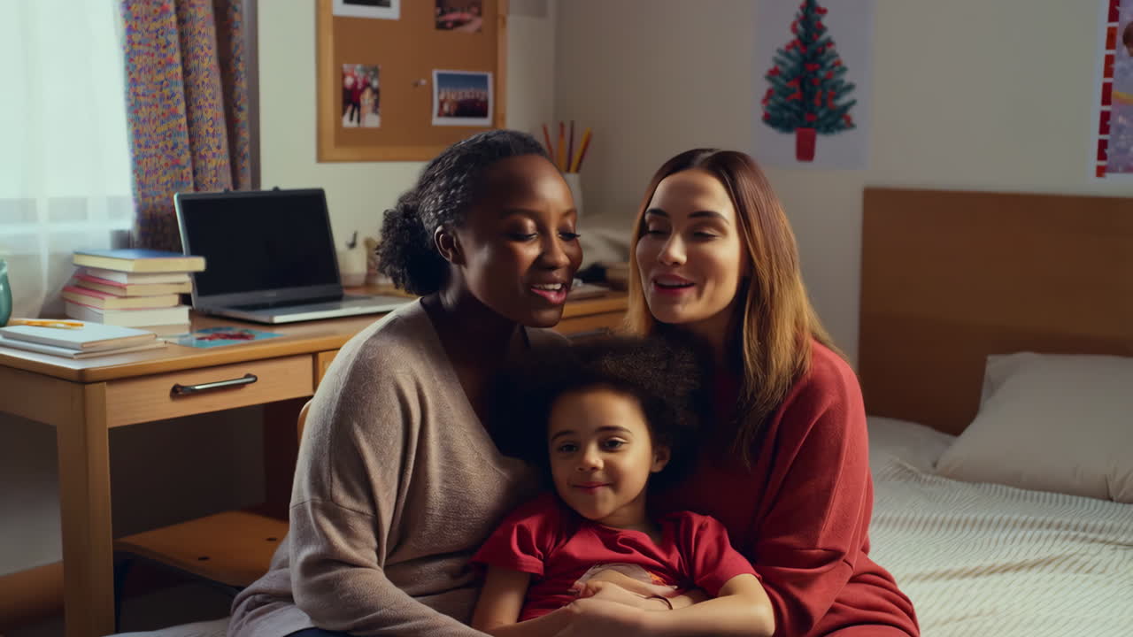 Donne e bambino/a felici che cantano e si legano a casa