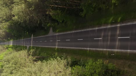 Aerial-vertical-dolly-shot-over-an-empty-asphalt-road-in-the-middle-of-the-forest-in-summer