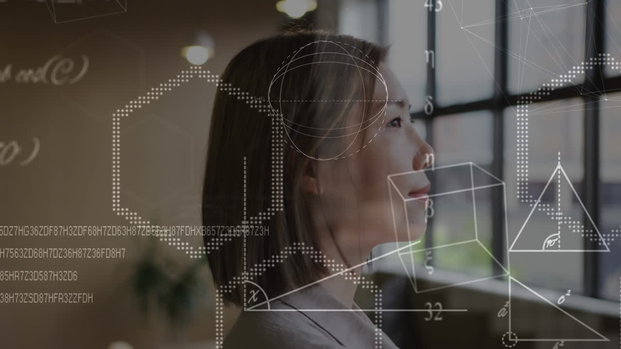 사무실에서 생각하는 아시아 사업가 여성에 대한 수학 방정식의 애니메이션