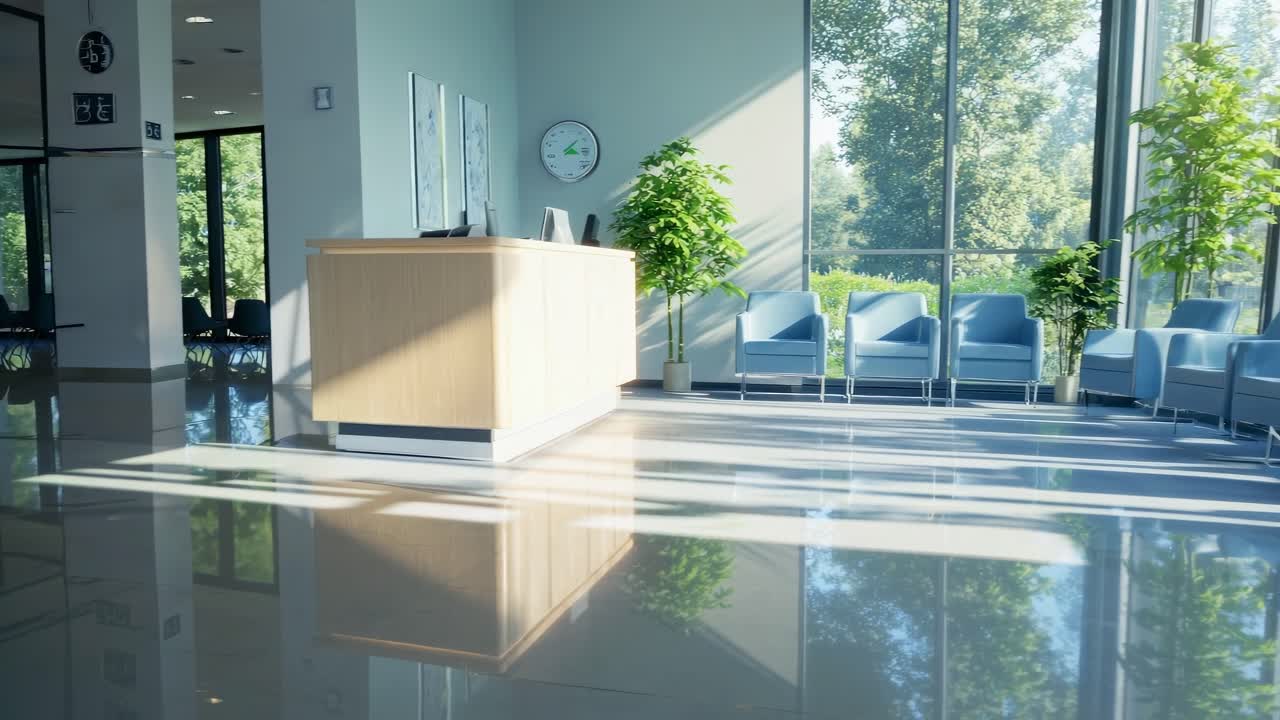 Vidvinkelbillede af en moderne lobby med elegant design, store vinduer og en potteplante.