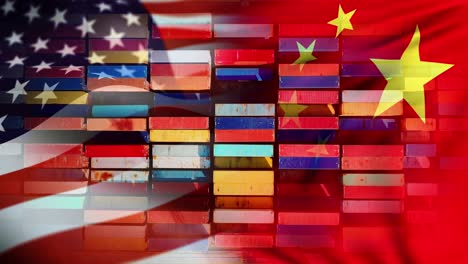 colorful containers behind us and china flags, growing global trade conflict