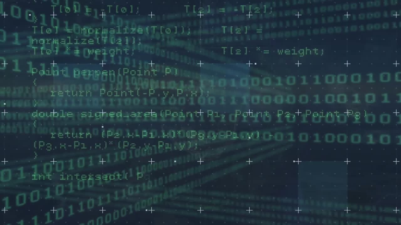 animación del lenguaje informático sobre cuadrados contra códigos binarios en bucle en fondo negro