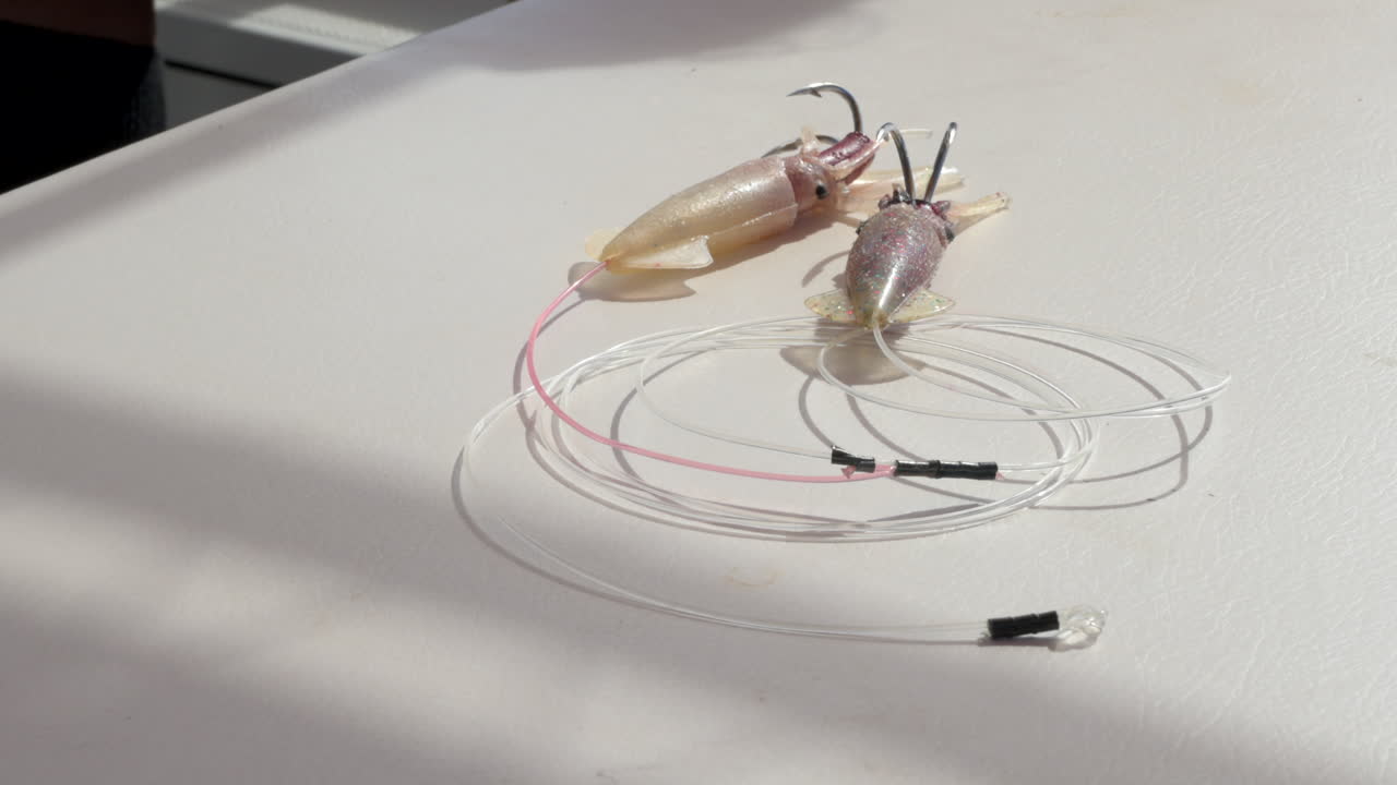 el señuelo y la línea de pesca se sientan en un banco bajo la luz solar directa