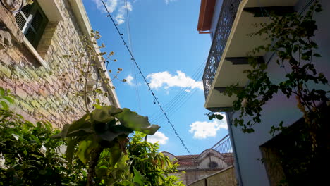 Narrow-alleyway-in-Lefkara,-characterized-by-charming-traditional-stone-buildings-adorned-with-climbing-plants-and-vibrant-greenery