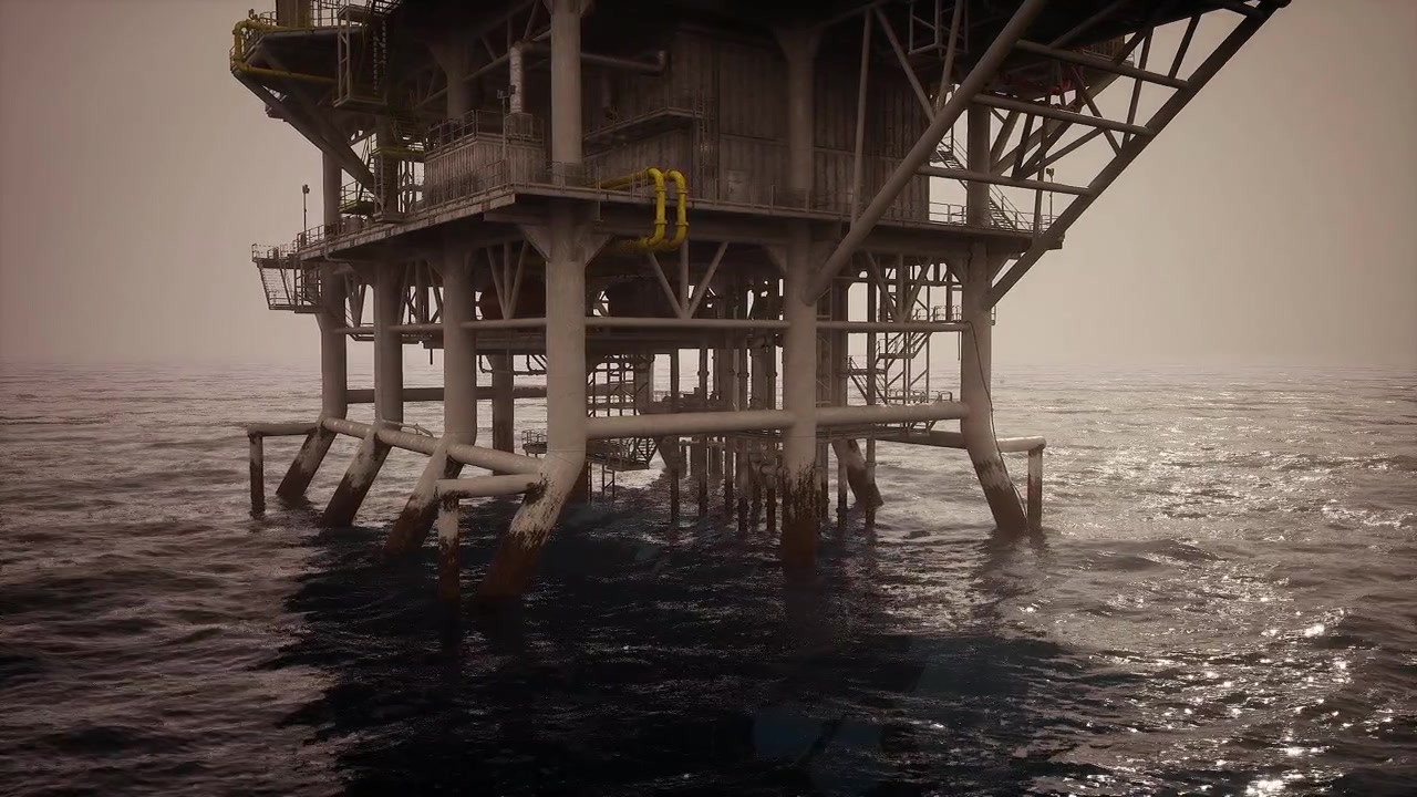 Rå olieboreplatform placeret i et vidtstrakt vandlandskab