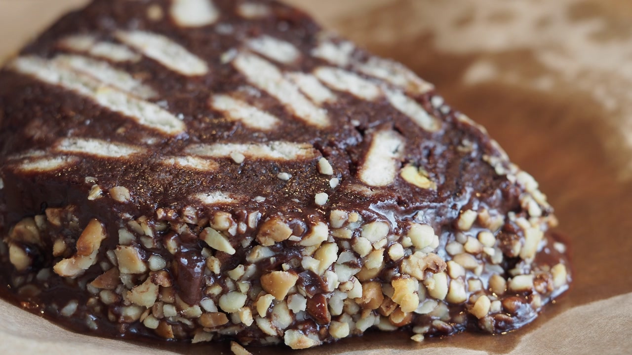Delicious Chocolate Salami Dessert with Chopped Nuts